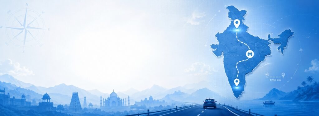 India Distance Calculator showing road distance and travel time