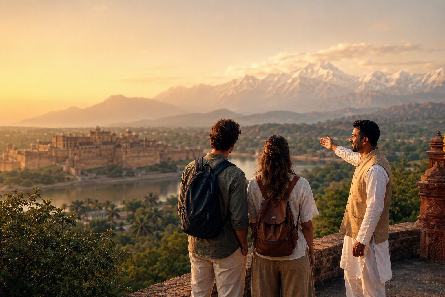 Indian travel guide showing travelers a scenic palace valley surrounded by lush landscapes and snow-capped Himalayan mountains.
