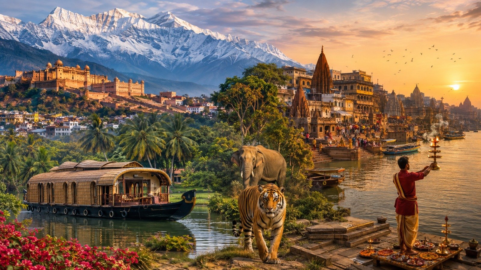 Travel Destinations in India featuring mountains, heritage, wildlife, backwaters and cultural experiences