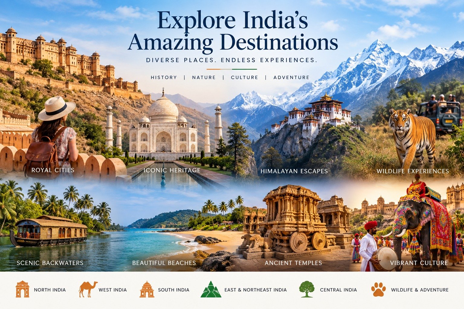 Travel Destinations in India featuring heritage, Himalayas, wildlife, backwaters, beaches and cultural experiences